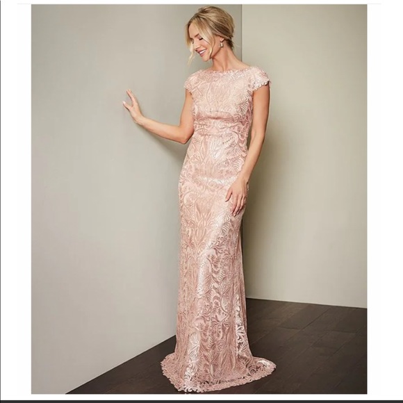 NWT Tadashi Shoji Sequin Floral Lace Off-the-Shoulder Cap Sleeve A-Line Gown - Picture 2 of 16